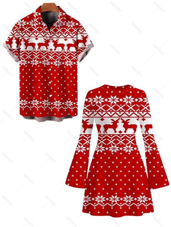 Christmas Couple Outfit Elk Snowflake Geometric Print Bell Sleeve A Line Mini Dress and Shirt Set - Rouge S | US 4