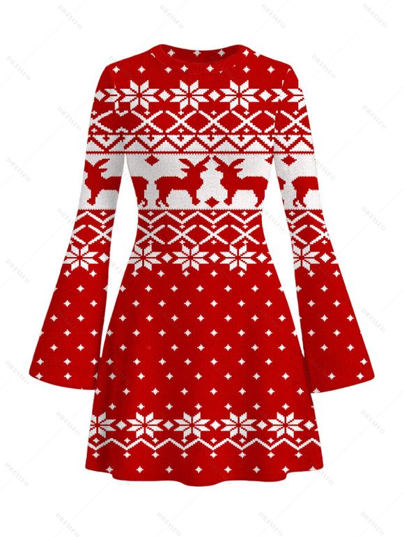 Christmas Couple Outfit Elk Snowflake Geometric Print Bell Sleeve A Line Mini Dress and Shirt Set - Rouge S | US 4