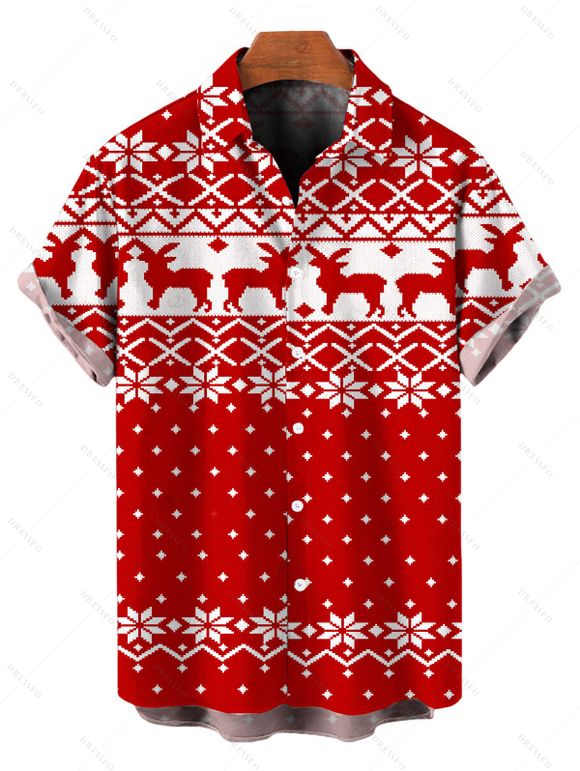 Christmas Couple Outfit Elk Snowflake Geometric Print Bell Sleeve A Line Mini Dress and Shirt Set - Rouge S | US 4