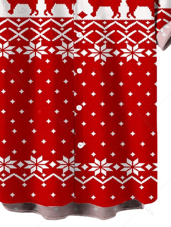 Men's Christmas Shirt Elk Snowflake Geometric Print Button Up Shirt - Rouge M