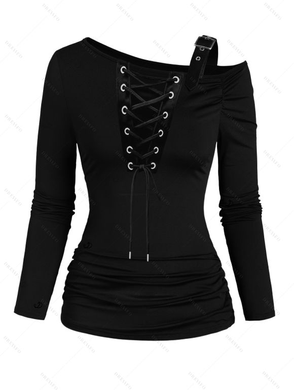 Gothic Top Solid Color Lace Up Grommet Buckle Strap Skew Neck Long Sleeve Pullover Top - Noir XXL | US 14