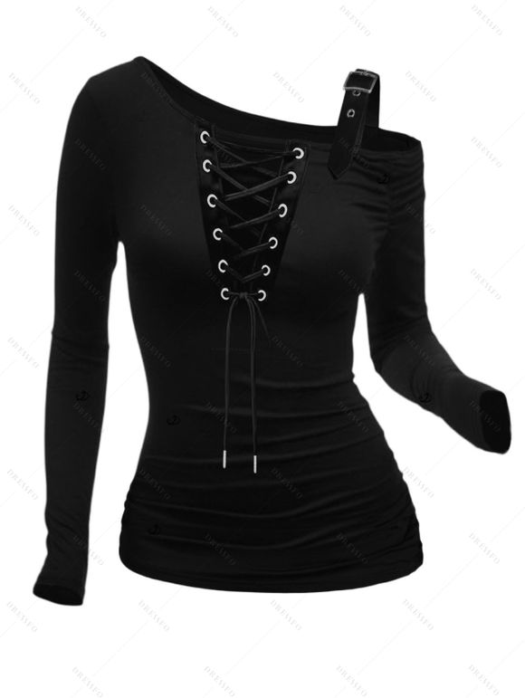 Gothic Couple Outfit Solid Color Grommet Buckle Strap Skew Neck Top and Lace Up Legging Set - Noir S | US 4