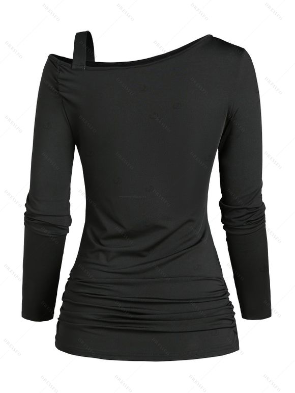 Gothic Top Solid Color Lace Up Grommet Buckle Strap Skew Neck Long Sleeve Pullover Top - Noir XXL | US 14