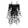 Gothic Halloween Dress Colorblock Bat Print Lace Up Belt Ruffle Off the Shoulder Bell Sleeve Handkerchief Dress - Noir XXL | US 14