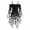 Gothic Halloween Dress Colorblock Bat Print Lace Up Belt Ruffle Off the Shoulder Bell Sleeve Handkerchief Dress - Noir XXL | US 14