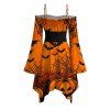 Gothic Halloween Dress Pumpkin Spider Web Bat Print Lace Up Belt Ruffle Off the Shoulder Bell Sleeve Handkerchief Dress - Orange XXL | US 14