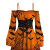 Gothic Halloween Dress Pumpkin Spider Web Bat Print Lace Up Belt Ruffle Off the Shoulder Bell Sleeve Handkerchief Dress - Orange XXL | US 14