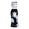 Halloween Women Outfit Cute Ghost Spider Web Star Print Cropped Tank Top and Slit Bodycon Skirt Set - Noir XXL | US 14