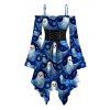 Halloween Dress Cute Ghost Floral Print Lace Up Belt Ruffle Off the Shoulder Bell Sleeve Handkerchief Dress - Bleu profond M | US 6