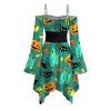 Halloween Dress Cartoon Pumpkin Ghost Skulls Spider Web Print Lace Up Belt Ruffle Off the Shoulder Bell Sleeve Handkerchief Dress - Émeraude XL | US 12