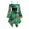 Halloween Couple Outfit Cartoon Pumpkin Ghost Skulls Spider Web Print Lace Up Belt Off the Shoulder Handkerchief Dress and Shirt Set - Émeraude S | US 4