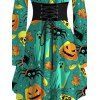 Halloween Couple Outfit Cartoon Pumpkin Ghost Skulls Spider Web Print Lace Up Belt Off the Shoulder Handkerchief Dress and Shirt Set - Émeraude S | US 4