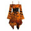 Gothic Halloween Couple Outfit Pumpkin Spider Web Bat Print Lace Up Belt Ruffle Off the Shoulder Handkerchief Dress and Shirt Set - Orange S | US 4