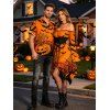 Gothic Halloween Couple Outfit Pumpkin Spider Web Bat Print Lace Up Belt Ruffle Off the Shoulder Handkerchief Dress and Shirt Set - Orange S | US 4