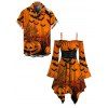Gothic Halloween Couple Outfit Pumpkin Spider Web Bat Print Lace Up Belt Ruffle Off the Shoulder Handkerchief Dress and Shirt Set - Orange S | US 4