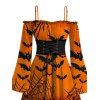 Gothic Halloween Couple Outfit Pumpkin Spider Web Bat Print Lace Up Belt Ruffle Off the Shoulder Handkerchief Dress and Shirt Set - Orange S | US 4