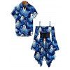 Halloween Couple Outfit Cute Ghost Floral Print Lace Up Belt Ruffle Off the Shoulder Handkerchief Dress and Shirt Set - Bleu profond S | US 4