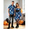 Halloween Couple Outfit Cute Ghost Floral Print Lace Up Belt Ruffle Off the Shoulder Handkerchief Dress and Shirt Set - Bleu profond S | US 4