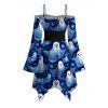 Halloween Couple Outfit Cute Ghost Floral Print Lace Up Belt Ruffle Off the Shoulder Handkerchief Dress and Shirt Set - Bleu profond S | US 4