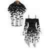 Gothic Halloween Couple Outfit Colorblock Bat Print Lace Up Belt Ruffle Off the Shoulder Bell Sleeve Handkerchief Dress and Shirt Set - Noir S | US 4