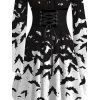 Gothic Halloween Couple Outfit Colorblock Bat Print Lace Up Belt Ruffle Off the Shoulder Bell Sleeve Handkerchief Dress and Shirt Set - Noir S | US 4