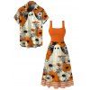 Vintage Halloween Couple Outfit Ghost Floral Striped Print Tied Back Square Neck A Line Dress and Shirt Set - Orange S | US 4