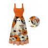 Vintage Halloween Couple Outfit Ghost Floral Striped Print Tied Back Square Neck A Line Dress and Shirt Set - Orange S | US 4