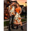 Vintage Halloween Couple Outfit Ghost Floral Striped Print Tied Back Square Neck A Line Dress and Shirt Set - Orange S | US 4