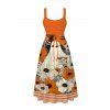 Vintage Halloween Couple Outfit Ghost Floral Striped Print Tied Back Square Neck A Line Dress and Shirt Set - Orange S | US 4