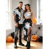 Halloween Couple Outfit Cute Ghost Spider Web Star Print Cropped Tank Top Slit Bodycon Skirt and Shirt Set - Noir S | US 4
