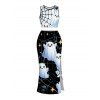 Halloween Couple Outfit Cute Ghost Spider Web Star Print Cropped Tank Top Slit Bodycon Skirt and Shirt Set - Noir S | US 4