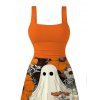 Vintage Halloween Dress Ghost Floral Striped Print Tied Back Square Neck A Line Dress - Orange XXL | US 14
