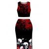 Gothic Women Outfit Rose Floral Skulls Print Cropped Tank Top and Bodycon Slit Skirt Set - Noir XXL | US 14