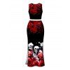 Gothic Women Outfit Rose Floral Skulls Print Cropped Tank Top and Bodycon Slit Skirt Set - Noir XXL | US 14