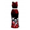 Gothic Women Outfit Rose Floral Skulls Print Cropped Tank Top and Bodycon Slit Skirt Set - Noir XXL | US 14