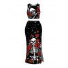 Halloween Gothic Women Outfit Skulls Rose Floral Galaxy Print Cropped Tank Top and Slit Bodycon Skirt Set - Noir XXL | US 14