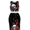 Halloween Gothic Women Outfit Skulls Rose Floral Galaxy Print Cropped Tank Top and Slit Bodycon Skirt Set - Noir XXL | US 14