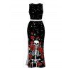 Halloween Gothic Women Outfit Skulls Rose Floral Galaxy Print Cropped Tank Top and Slit Bodycon Skirt Set - Noir XXL | US 14