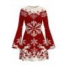 Vintage Christmas Sweater Dress Colorblock Snowflake Print Bell Sleeve A Line Mini Dress - Rouge foncé L | US 8-10