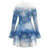 Christmas Dress Snowflake Tie Dye Print Bowknot Bell Sleeve Sweetheart Neck A Line Mini Dress - Bleu Poudre L | US 8-10