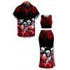 Gothic Couple Outfit Rose Floral Skulls Print Cropped Tank Top Bodycon Slit Skirt and Shirt Set - Noir S
