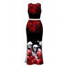 Gothic Couple Outfit Rose Floral Skulls Print Cropped Tank Top Bodycon Slit Skirt and Shirt Set - Noir S