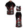 Halloween Gothic Couple Outfit Skulls Rose Floral Galaxy Print Cropped Tank Top Slit Bodycon Skirt and Shirt Set - Noir S | US 4
