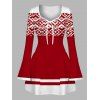 Vintage Christmas Couple Outfit Pixel Geometric Colorblock Print Bowknot Bell Sleeve Dress and Shirt Set - Rouge S | US 4