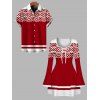 Vintage Christmas Couple Outfit Pixel Geometric Colorblock Print Bowknot Bell Sleeve Dress and Shirt Set - Rouge S | US 4