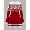 Vintage Christmas Couple Outfit Pixel Geometric Colorblock Print Bowknot Bell Sleeve Dress and Shirt Set - Rouge S | US 4