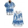 Christmas Couple Outfit Snowflake Tie Dye Print Bowknot Bell Sleeve Sweetheart Neck A Line Mini Dress and Shirt Set - Bleu Poudre S | US 4