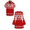 Christmas Couple Outfit Elk Snowflake Geometric Print Bell Sleeve A Line Mini Dress and Shirt Set - Rouge S | US 4
