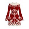 Vintage Christmas Couple Outfit Colorblock Snowflake Print Bell Sleeve A Line Mini Sweater Dress and Shirt Set - Rouge Vineux S | US 4