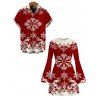 Vintage Christmas Couple Outfit Colorblock Snowflake Print Bell Sleeve A Line Mini Sweater Dress and Shirt Set - Rouge Vineux S | US 4